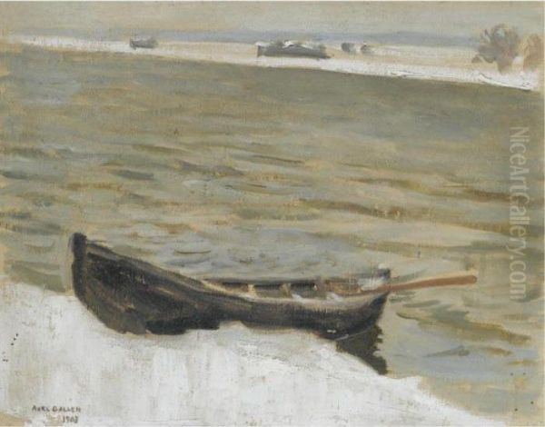 Vene Rannassa (boat Moored On A River Bank) Oil Painting by Akseli Gallen-Kallela