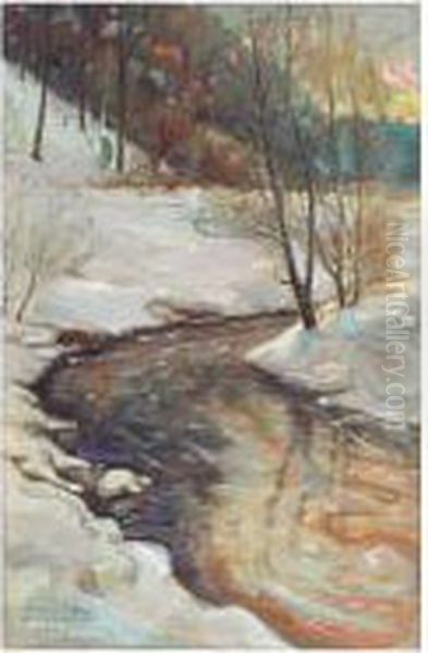 Talvinen Puro (winter Stream) Oil Painting by Akseli Gallen-Kallela