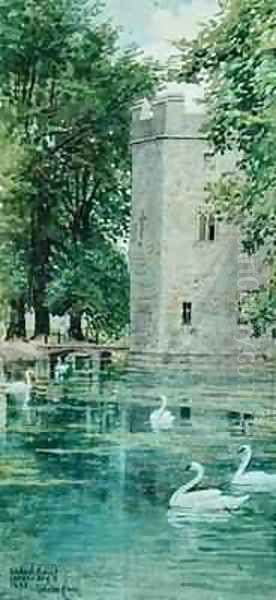 The Moat and Bishops Palace Wells Cathedral Oil Painting by Walter Crane