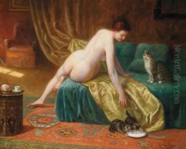 Interno Con Nudo Femminile Sdraiato Su Diuna Chaise-longue E Una Famiglia Di Gatti Oil Painting by Louis Galliac