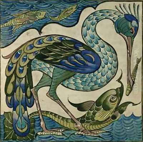 Tile design of heron and fish Oil Painting by Walter Crane