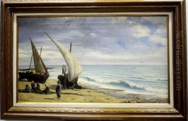 Pescadores Y Barcas En La Playa Oil Painting by Francisco Galofre Oller