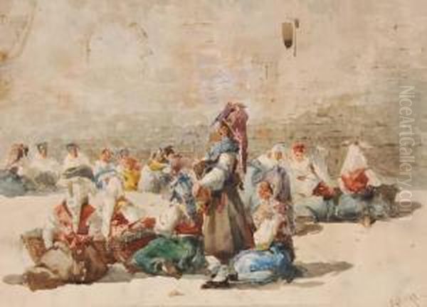 Women Gathered In A Market Square Oil Painting by Baldomero Galofre Y Gimenez