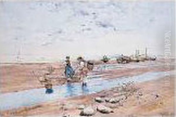 Mariscadores En La Playa Oil Painting by Baldomero Galofre Y Gimenez