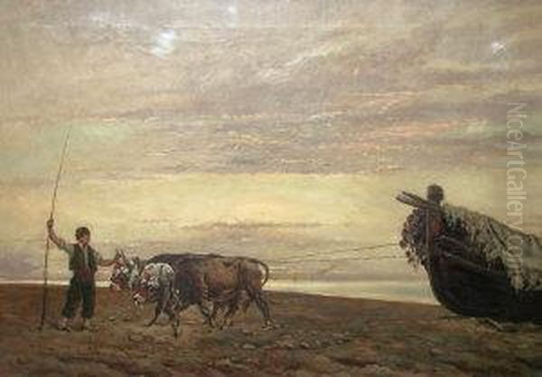 Follower Of Baldomero Galofre Y 
Gimenez, Spanish -- Fisherman With Oxen And A Beached Vessel Oil Painting by Baldomero Galofre Y Gimenez