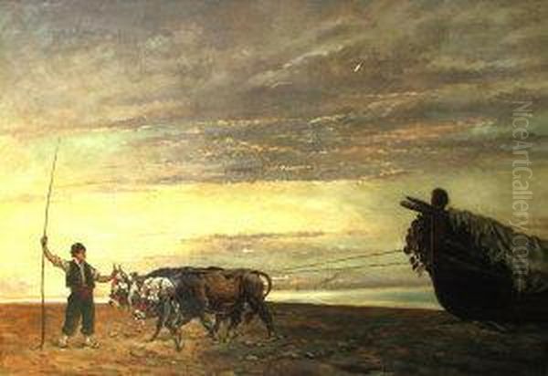 Fisherman With Oxen And A Beached Vessel Oil Painting by Baldomero Galofre Y Gimenez