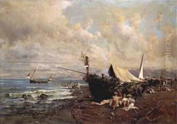 Ninos Con Barcos En Una Playa De Napoles Oil Painting by Baldomero Galofre Y Gimenez