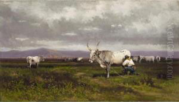 Paisaje Con Ganado (landscape With Cow) Oil Painting by Baldomero Galofre Y Gimenez