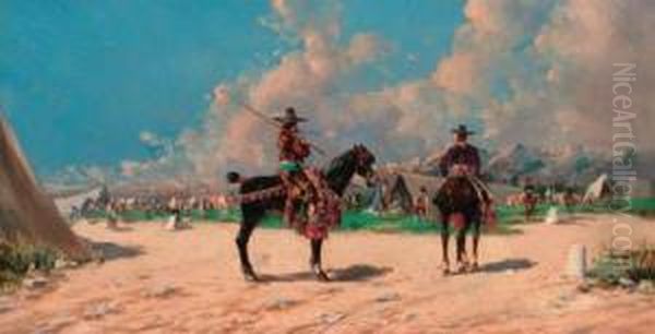 Spanish Horsemen By An Encampment Oil Painting by Baldomero Galofre Y Gimenez