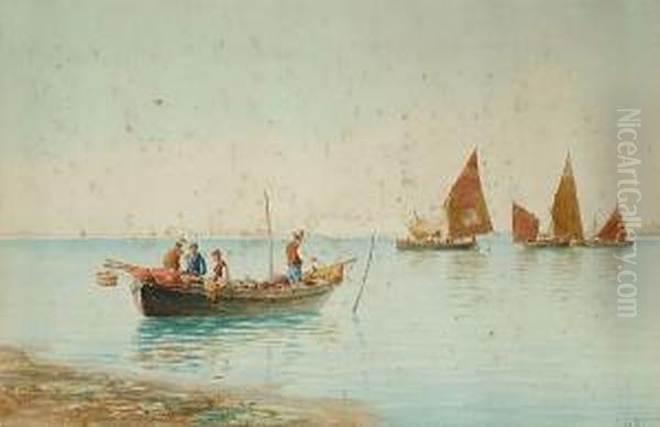 Fishing Boats In A Lagoon Oil Painting by Pietro Galter