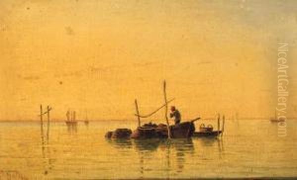 A Fisherman On A Venetian Lagoon; And A Hay Barge On A Lagoon Oil Painting by Pietro Galter