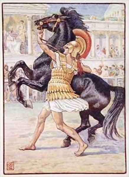 He ran towards the horse and seized the bridle Oil Painting by Walter Crane