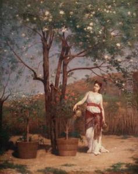 Woman In A Spring Garden Oil Painting by Jules-Alexandre Gamba De Preydour