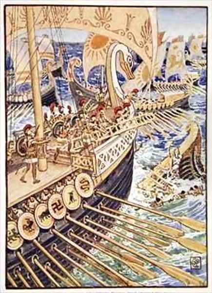 Ship dashed against ship till the Persian dead strewed the deep like flowers Oil Painting by Walter Crane