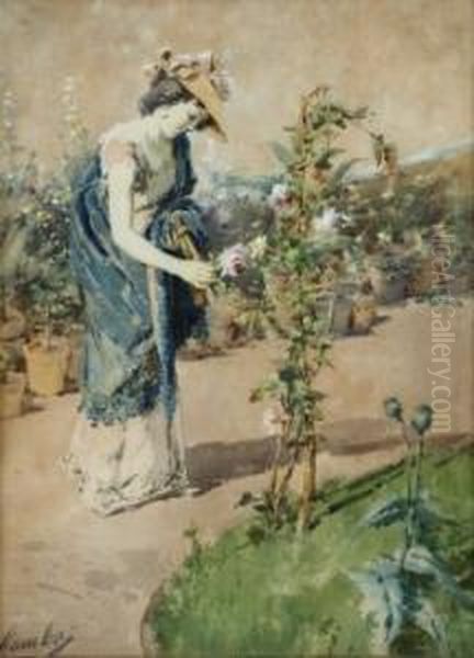 Senorita Cogiendo Rosas En El Jardin Oil Painting by Enrico Gamba