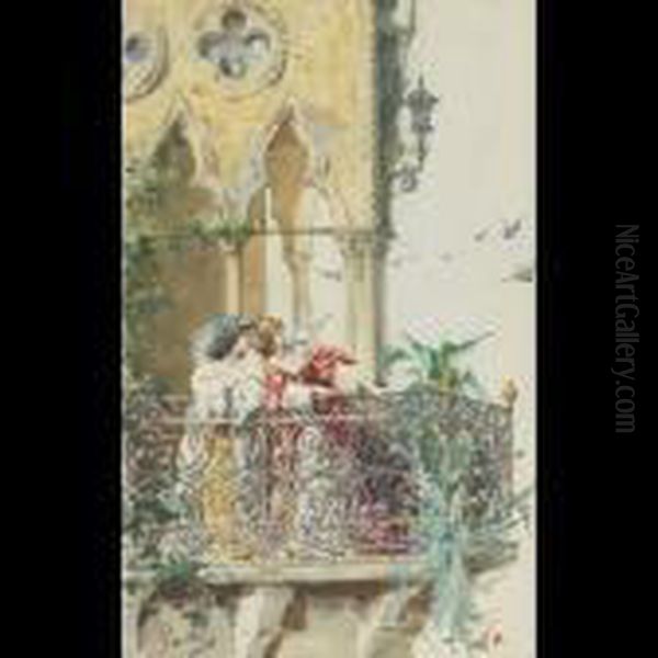 A Venetian Balcony Oil Painting by Enrico Gamba