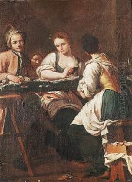 Two Women Embroidering With A Gentleman Looking On by Giuseppe Gambarini