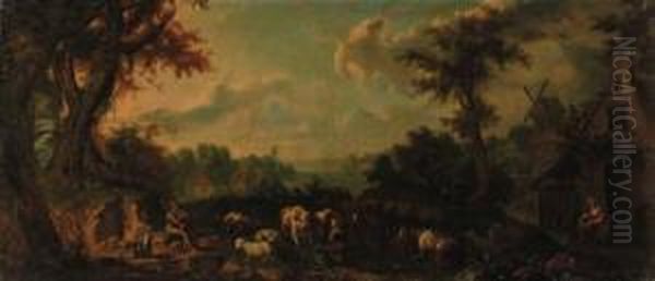 A Milkmaid With Cattle And Sheep
 In An Extensive Wooded Riverlandscape; And Figures With Cattle, Sheep 
And Goats Before Acottage Oil Painting by Giuseppe Gambarini