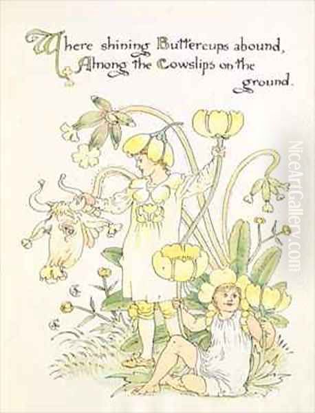 The Buttercup and the Cowslip from the Floras Feast Oil Painting by Walter Crane