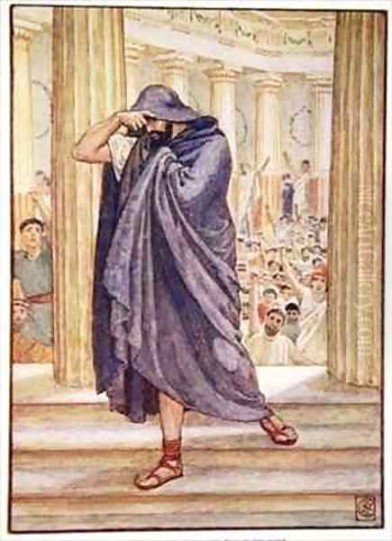 He left the assembly hiding his face in his cloak Oil Painting by Walter Crane