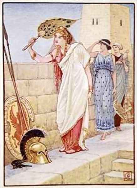 Often she would stand upon the walls of Troy Oil Painting by Walter Crane