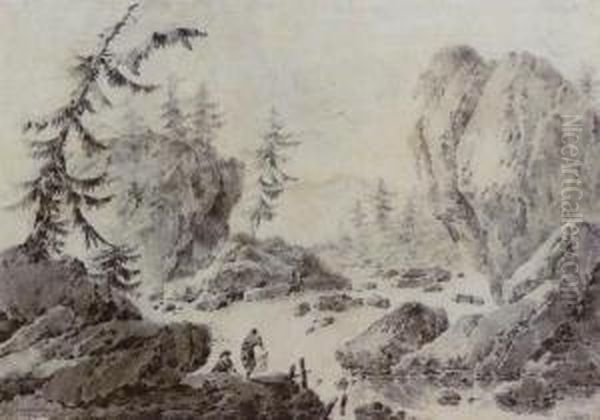 Landscape With Two Figures Washing Laundry By A River Oil Painting by Jacques Gamelin