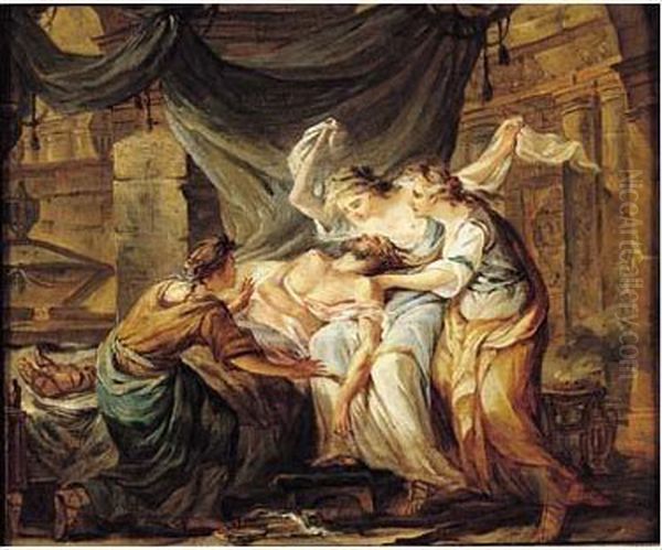 Trois Femmes Pleurant Un Guerrier Mort Oil Painting by Jacques Gamelin