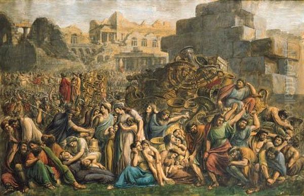 La Continence De Scipion Devant 
Les Murailles D'une Ville, Desesclaves Construisant Un Mur Dans 
L'arriere Plan; Et La Destructiondu Temple De Jerusalem Oil Painting by Jacques Gamelin