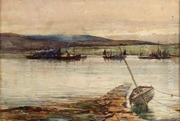 Shipping In An Estuary Oil Painting by Andrew Archer Gamley