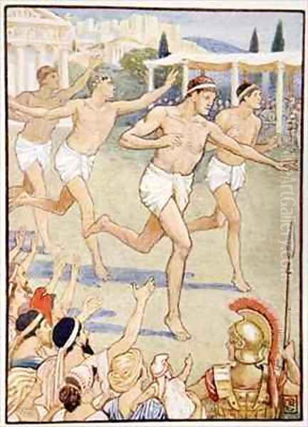 In earliest times a simple foot race was the only event Oil Painting by Walter Crane