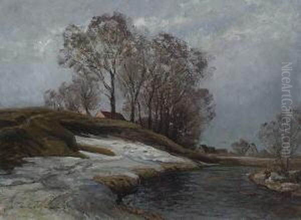 Flusslandschaft Im Vorfruhling. Oil Painting by Otto Gampert