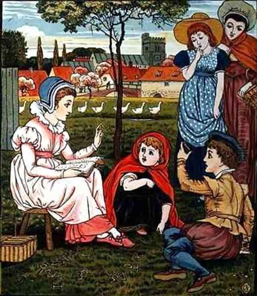 Mrs Margery teaches the children to read from Little Goody Two Shoes Oil Painting by Walter Crane