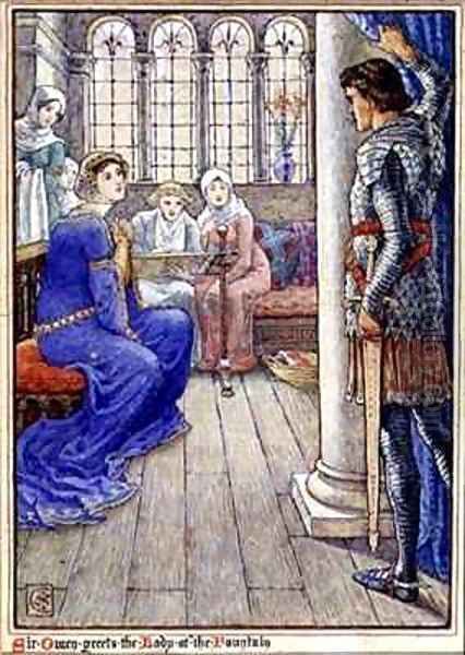 Sir Owen Greets the Lady of the Fountain Oil Painting by Walter Crane