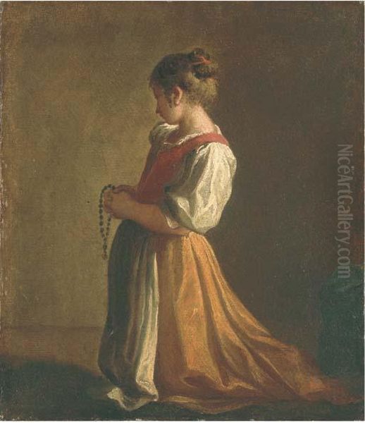 Jeune Fille Agenouillee Tenant Un Rosaire Oil Painting by Ubaldo Gandolfi