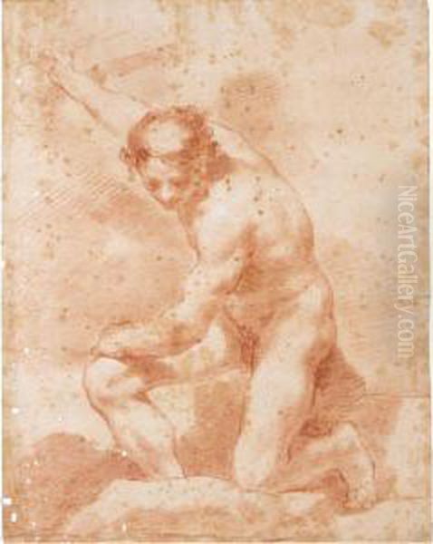 Study Of A Kneeling Male Nude Holding A Stick With His Right Hand Oil Painting by Ubaldo Gandolfi