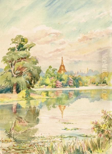 View Of Shive Dagor Pagoda From Point Near The Boat Club, Burma Oil Painting by Henry George Gandy