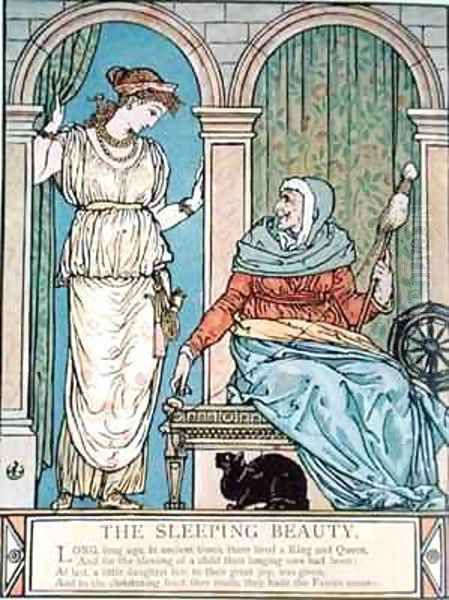 The Princess and the old woman with the spinning wheel Oil Painting by Walter Crane