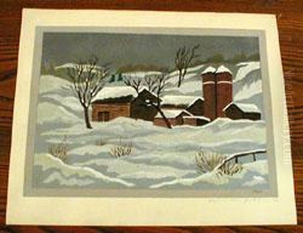 Farm Houses In The Snow Oil Painting by Emil Ganso