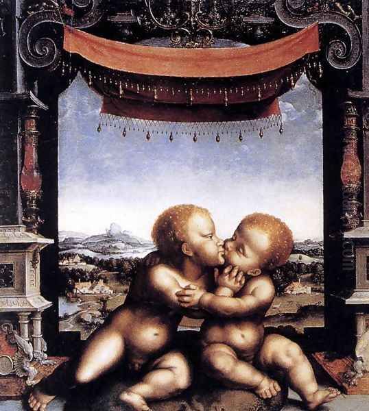 The Infants Christ and Saint John the Baptist Embracing 1525-30 Oil Painting by Joos Van Cleve