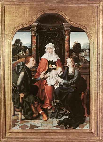 St Anne with the Virgin and Child and St Joachim Oil Painting by Joos Van Cleve