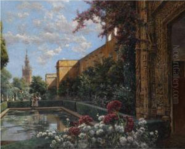 Jardin Del Real Alcazar De Sevilla (real Alcazar Garden,seville) Oil Painting by Manuel Garcia y Rodriguez