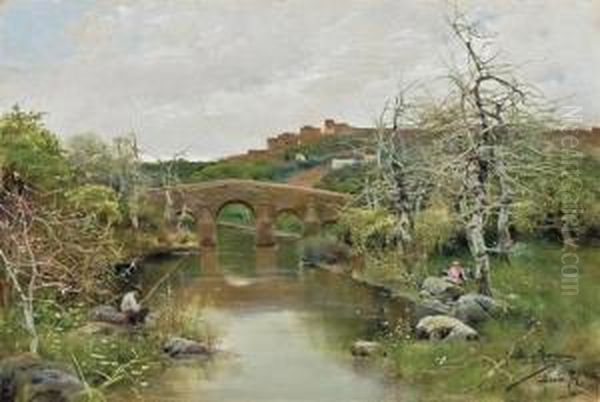 Fishing By A Bridge Oil Painting by Manuel Garcia y Rodriguez