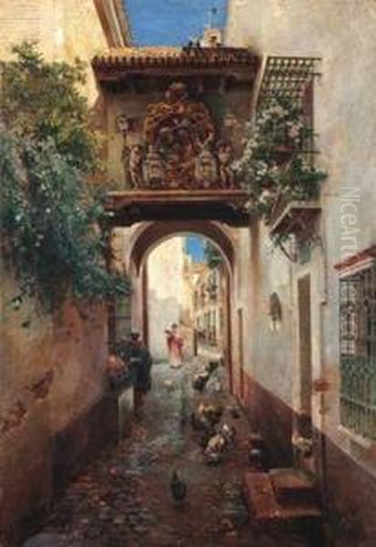 Motiv Aus Einer Strase In Sevilla Oil Painting by Manuel Garcia y Rodriguez