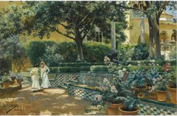 Jardin De Los Reales Alcazares De Sevilla (gardens Of Thealcazar Oil Painting by Manuel Garcia y Rodriguez