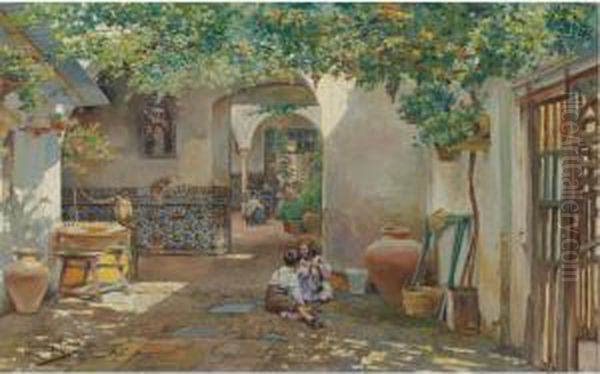 At Work And Play On The Patio Oil Painting by Manuel Garcia y Rodriguez