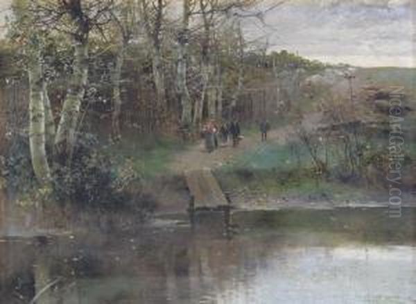 Villagers On A Riverside Path, Alcala De Guadaira Oil Painting by Manuel Garcia y Rodriguez