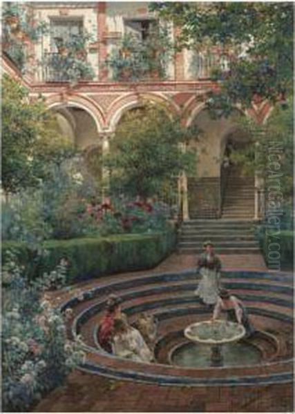 El Patio De La Villa (the Villa Garden) Oil Painting by Manuel Garcia y Rodriguez