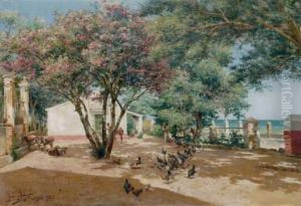 Mujeres Y Pollos En Un Corral (women And Chickens In A Farmyard) Oil Painting by Manuel Garcia y Rodriguez