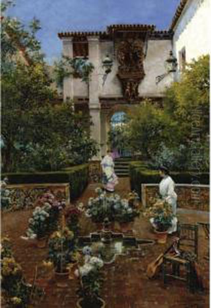 Un Patio Sevillano (a Courtyard In Seville) Oil Painting by Manuel Garcia y Rodriguez