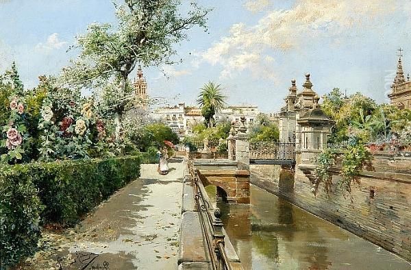 A Seville Garden Oil Painting by Manuel Garcia y Rodriguez